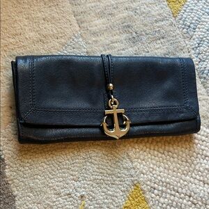 Navy Leather Clutch with Anchor Charm
